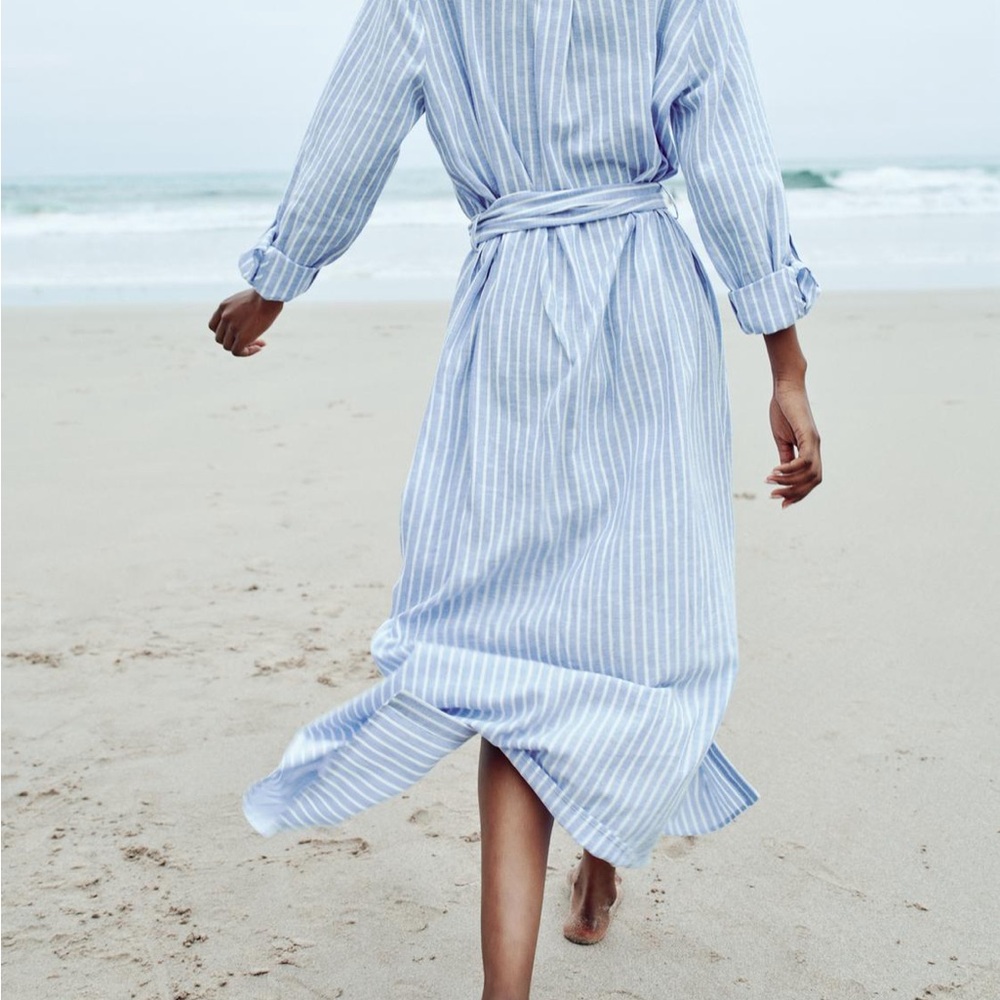 ZARA LINEN STRIPED BELTED MIDI DRESS - Picture 3 of 3
